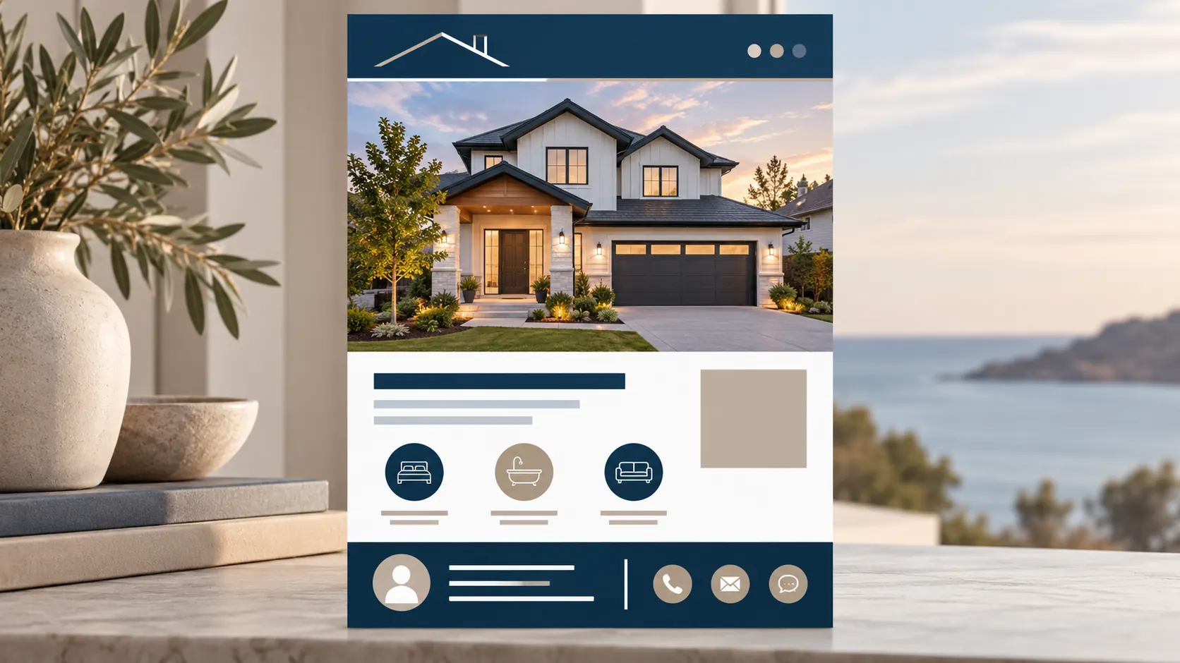 Illustrated just listed flyer order with a photo area, property details, QR block and contact area.
