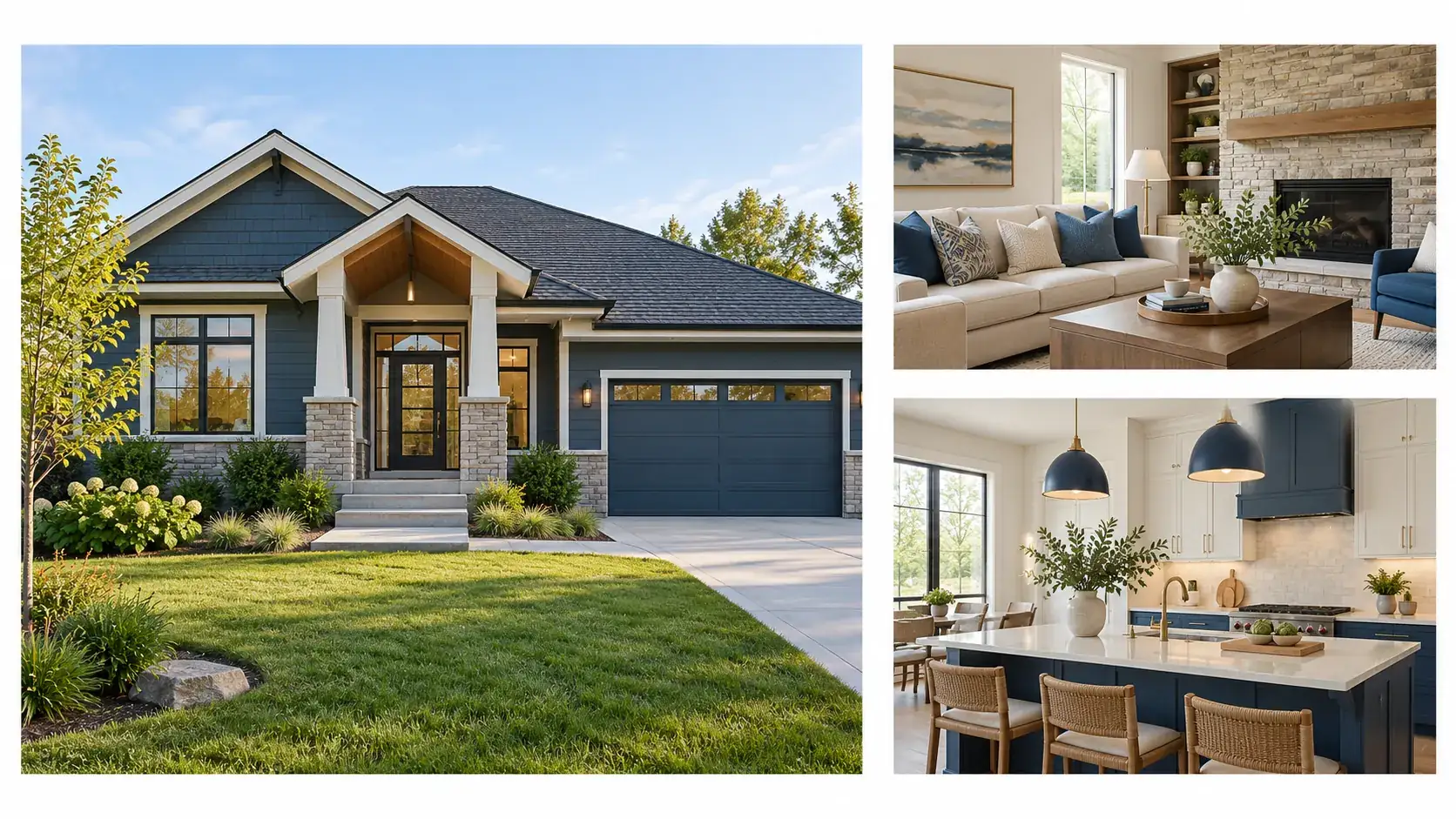 A clean editorial illustration of a real estate flyer using one large home photo and two smaller detail photos.