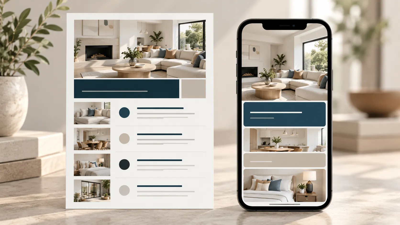 Two illustrated real estate flyer layouts adapted for a printed page and a phone screen.