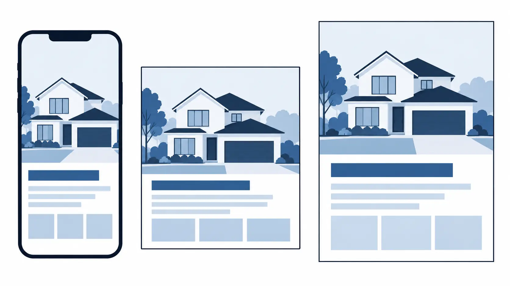 An open-house story, square post and printed flyer use one identity in different layouts.